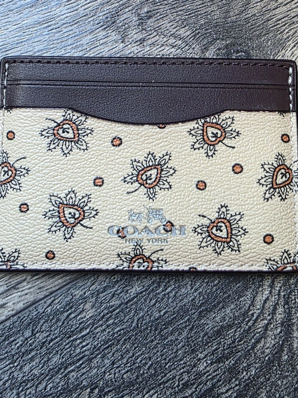Coach Cream & Brown Floral Print Card Case